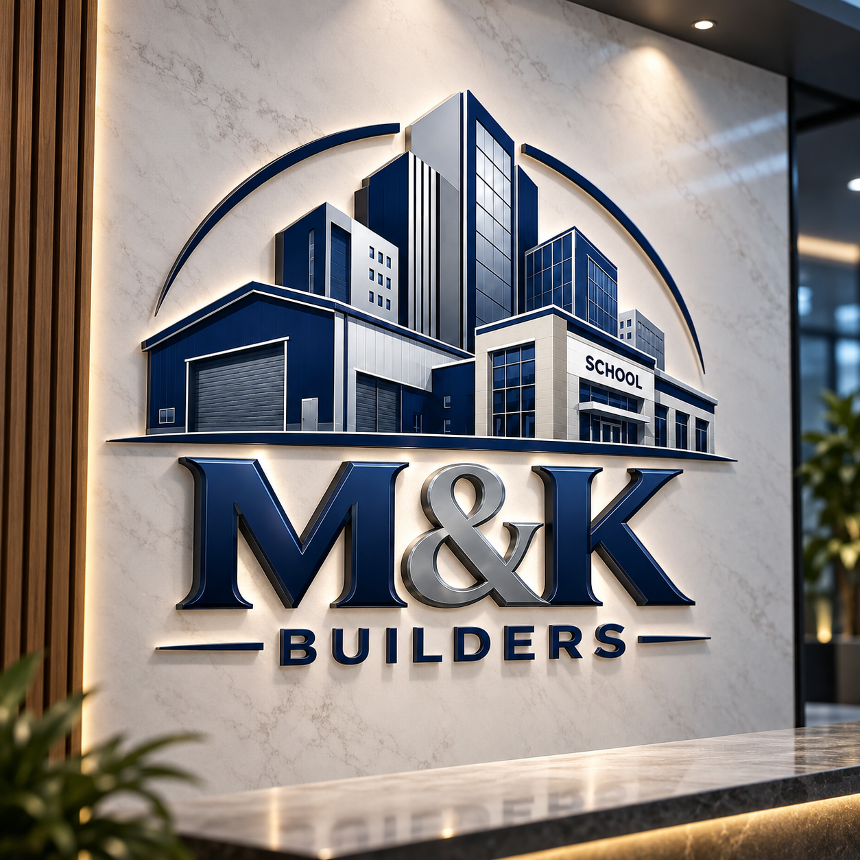 M&K Builders logo on an office reception wall