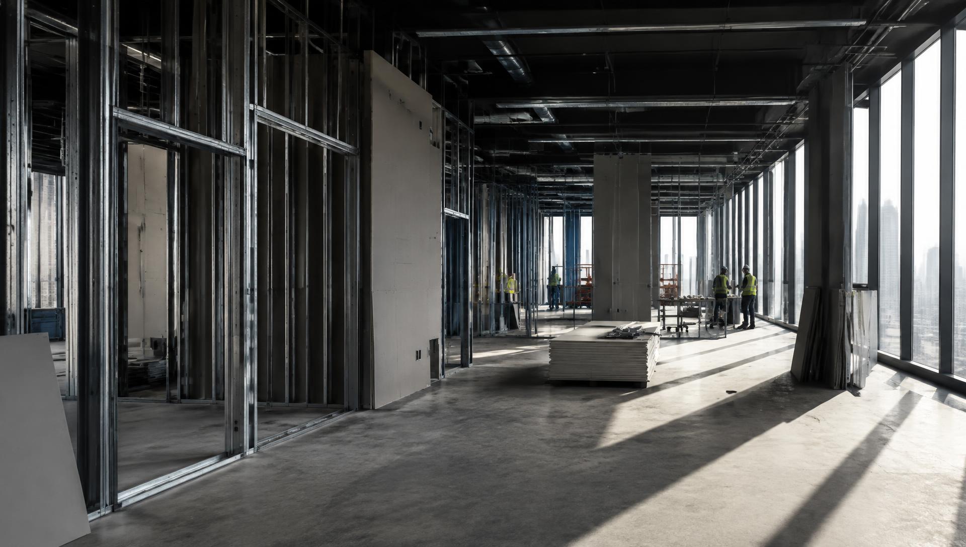 Metal framing and drywall installation on a commercial floor